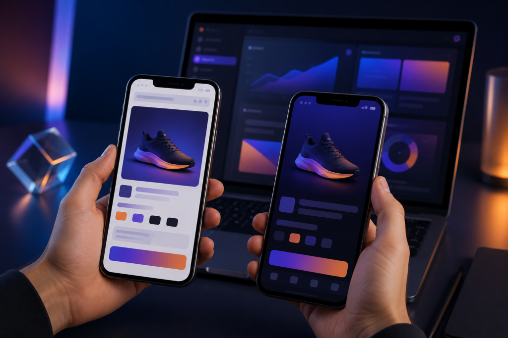 Two smartphones side by side comparing WooCommerce mobile website and native shopping app with same product