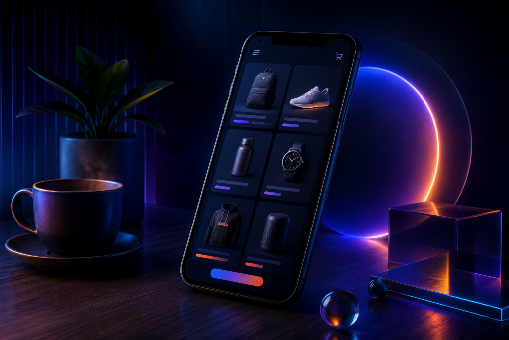 Smartphone showing a Shopify mobile app with product layout on a desk