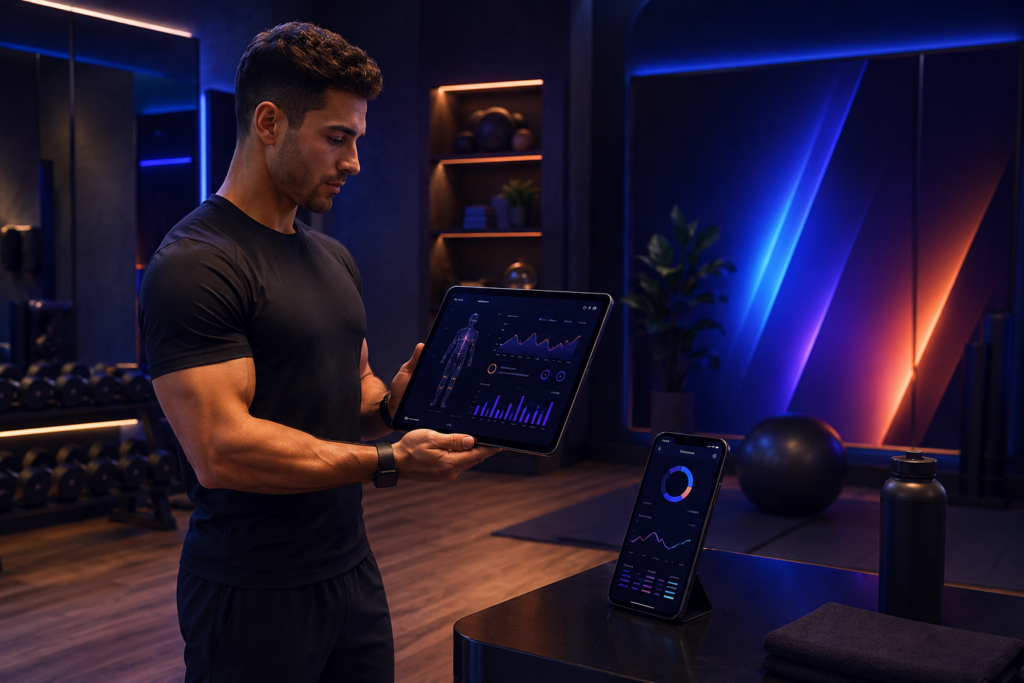 Personal trainer using a tablet with a workout app in a modern gym