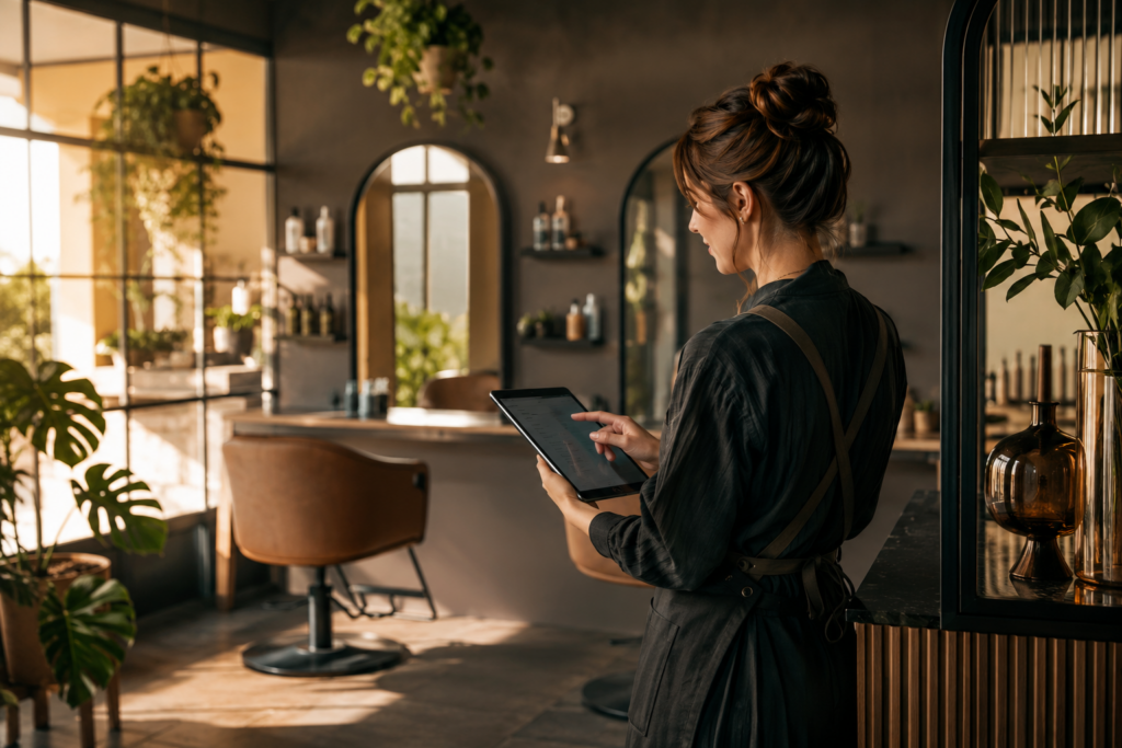 Salon stylist checking appointments on a tablet in a warm, plant-filled interior