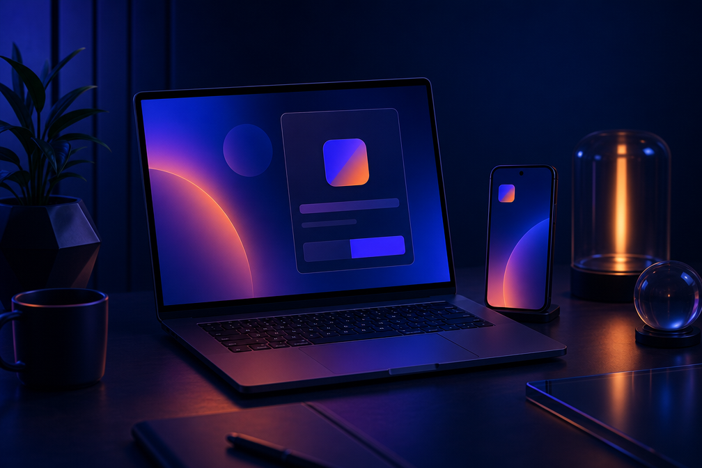 Laptop and smartphone showing PWA installation flow in a bright office setting