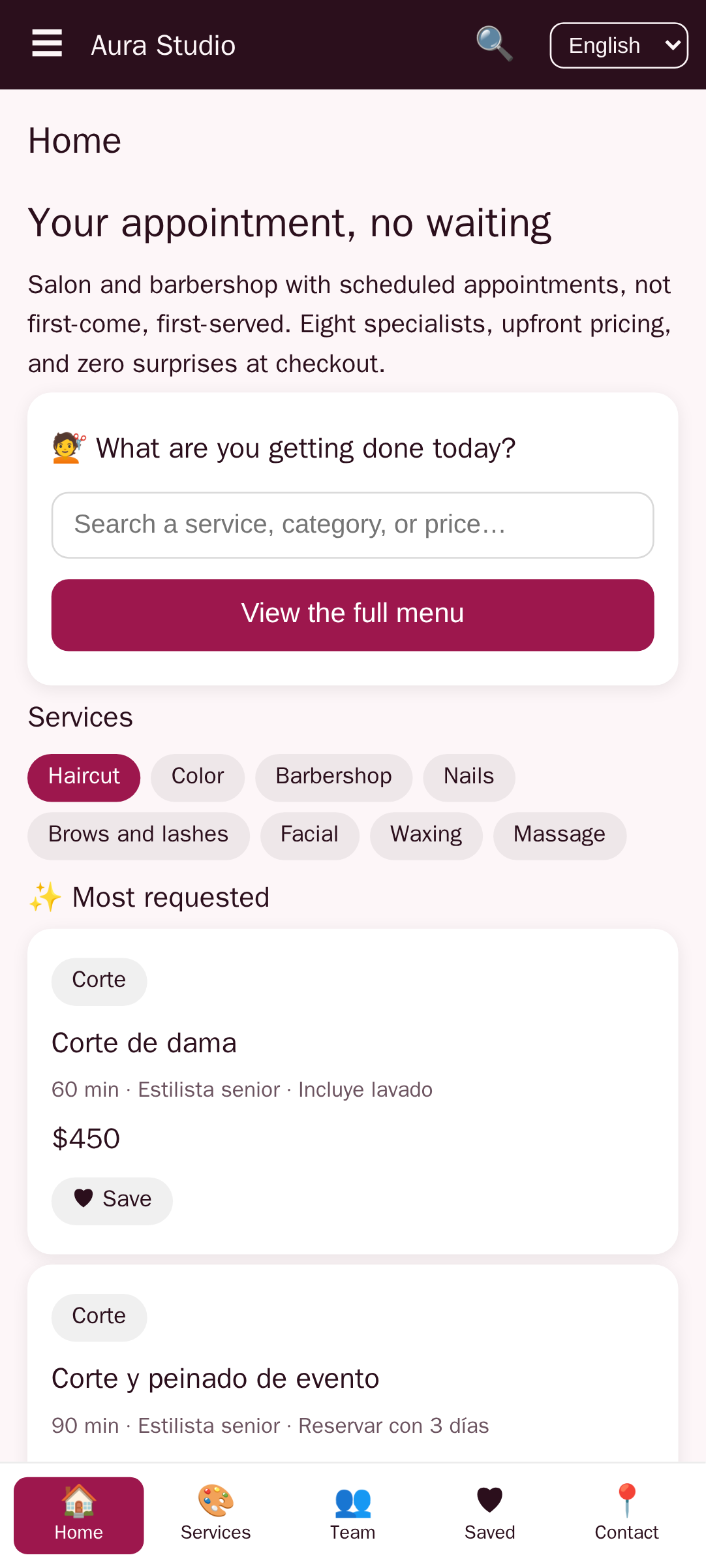 home screen of Aura Studio, a salon and barbershop app template built with AppCreator
