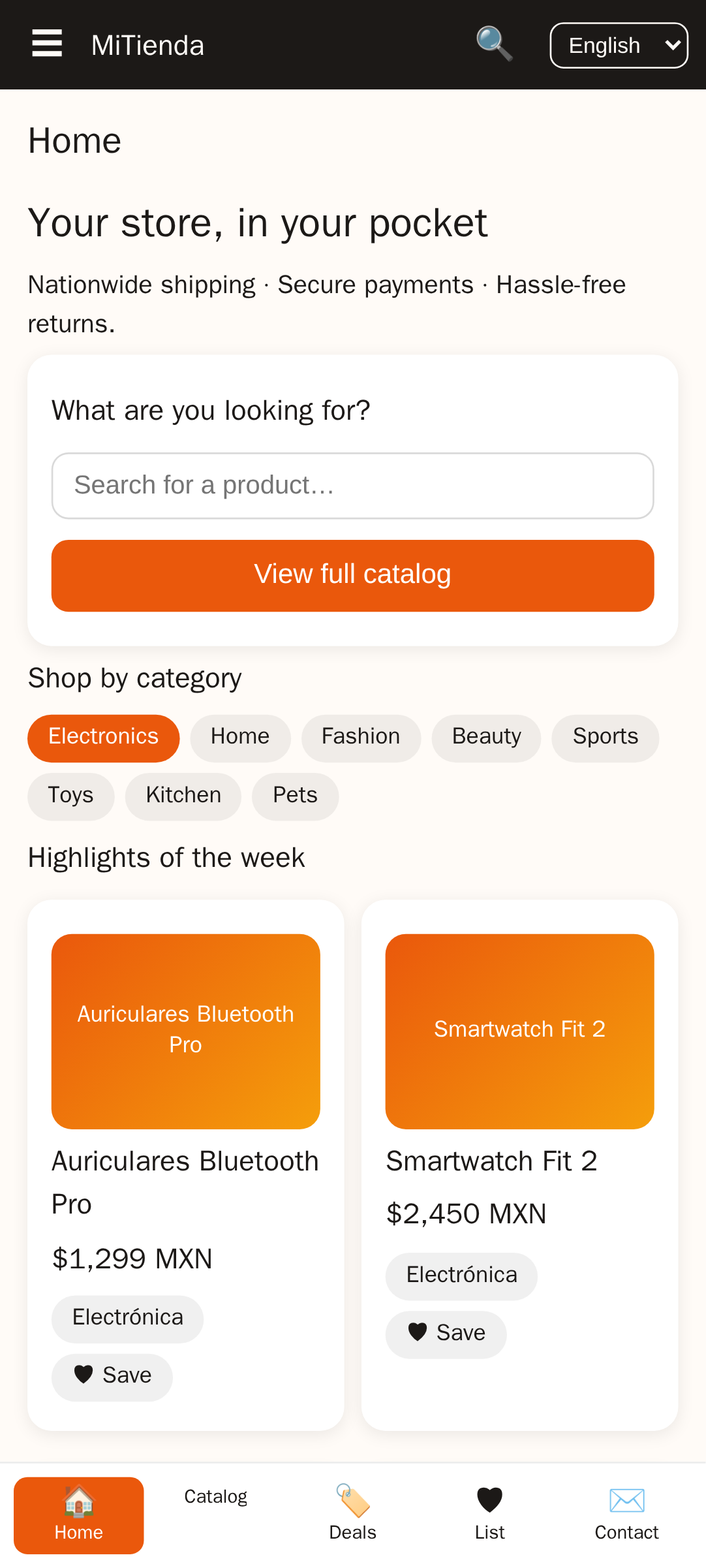 home screen of MiTienda, a ecommerce store app template built with AppCreator