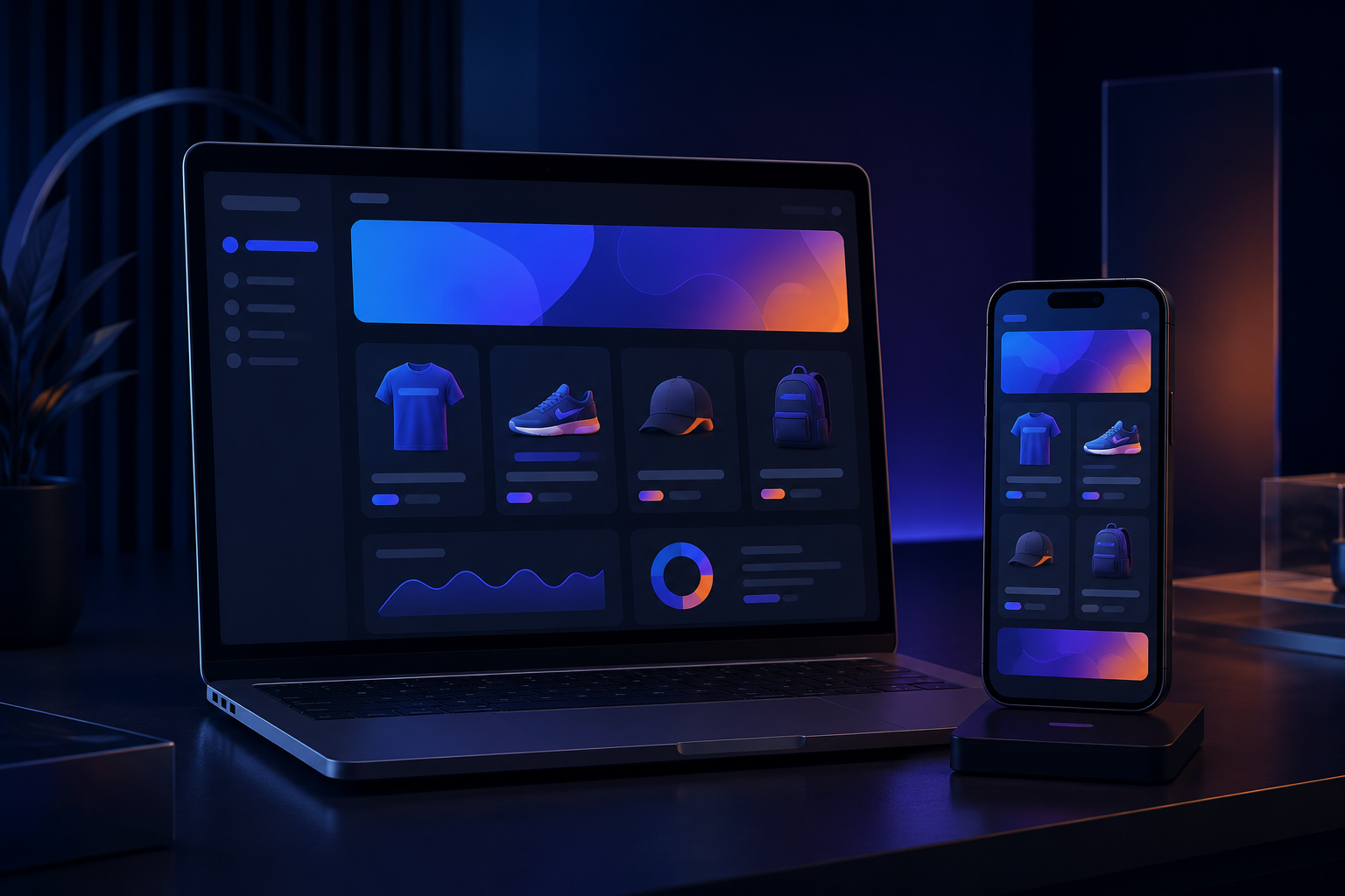 Side by side comparison of Shopify store on laptop and mobile app on phone