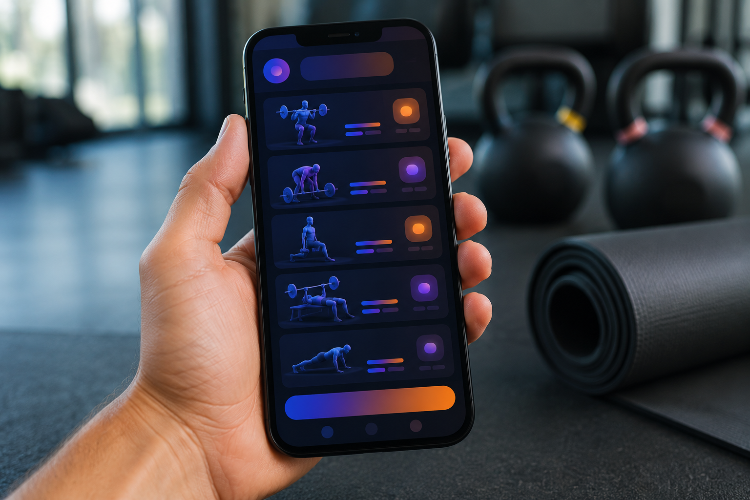 Smartphone displaying a workout plan with icons for exercises