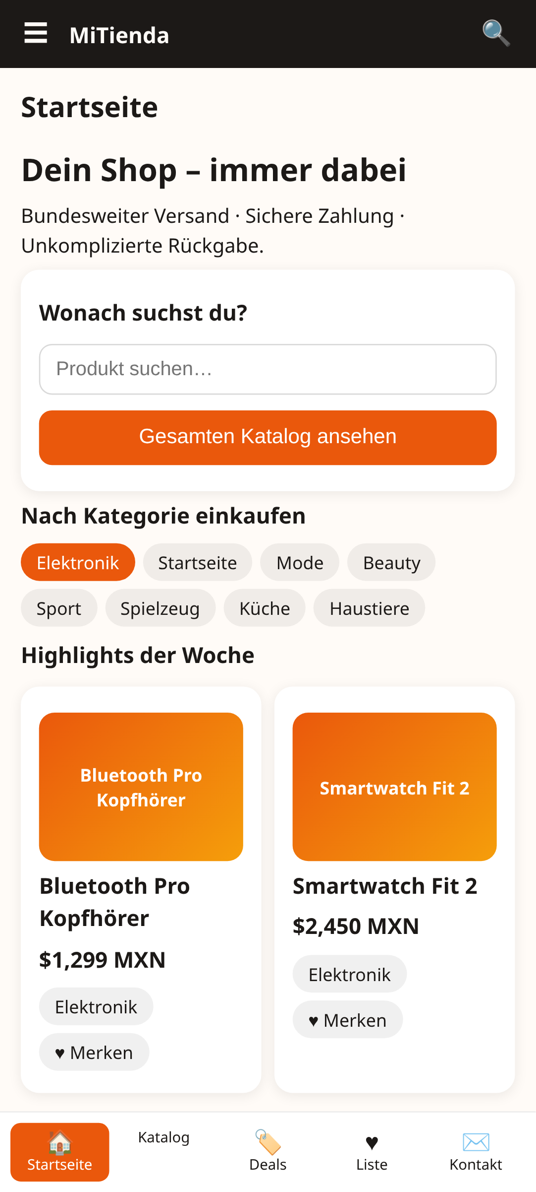 Startbildschirm von MiTienda, einer E-Commerce-App-Vorlage, erstellt mit AppCreator