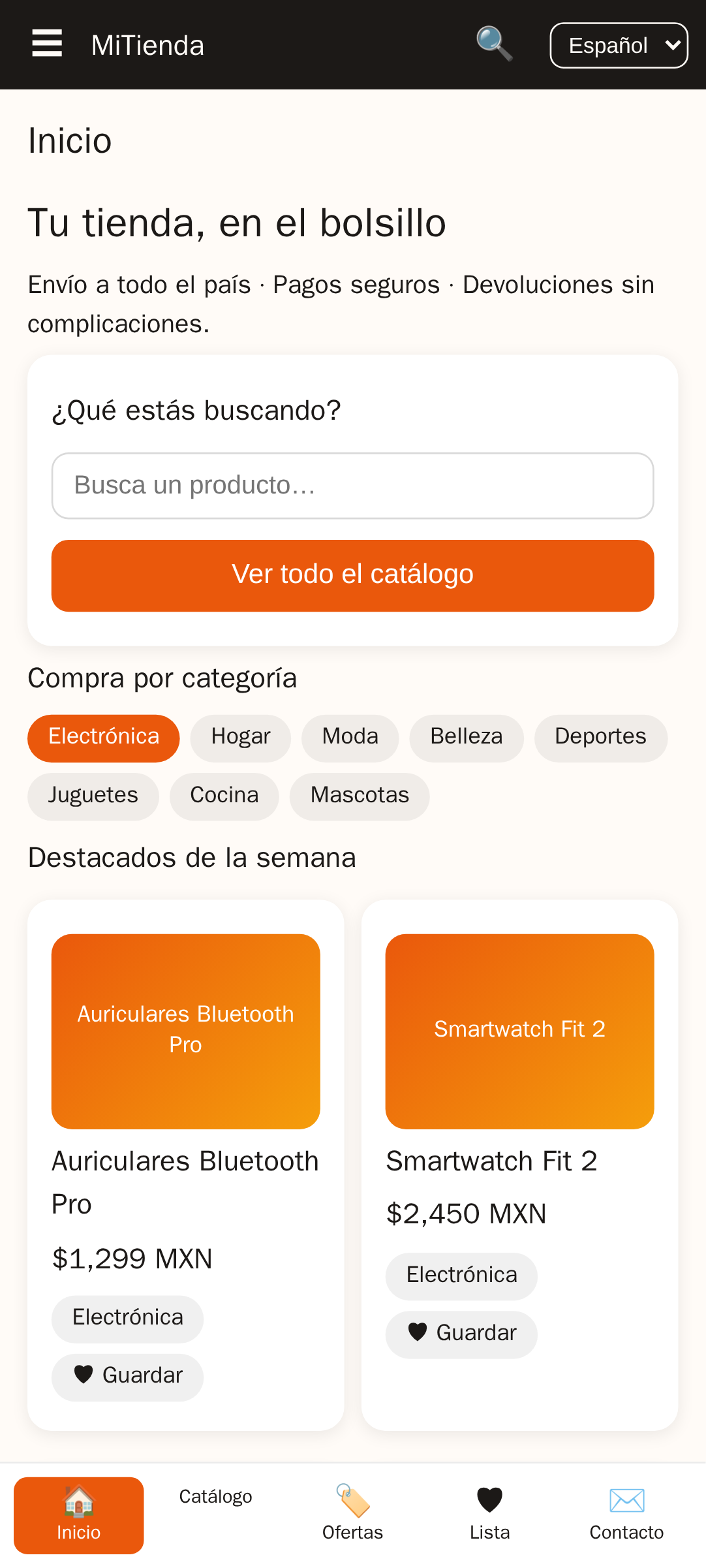 pantalla de inicio de MiTienda, una plantilla de aplicación de tienda de comercio electrónico creada con AppCreator