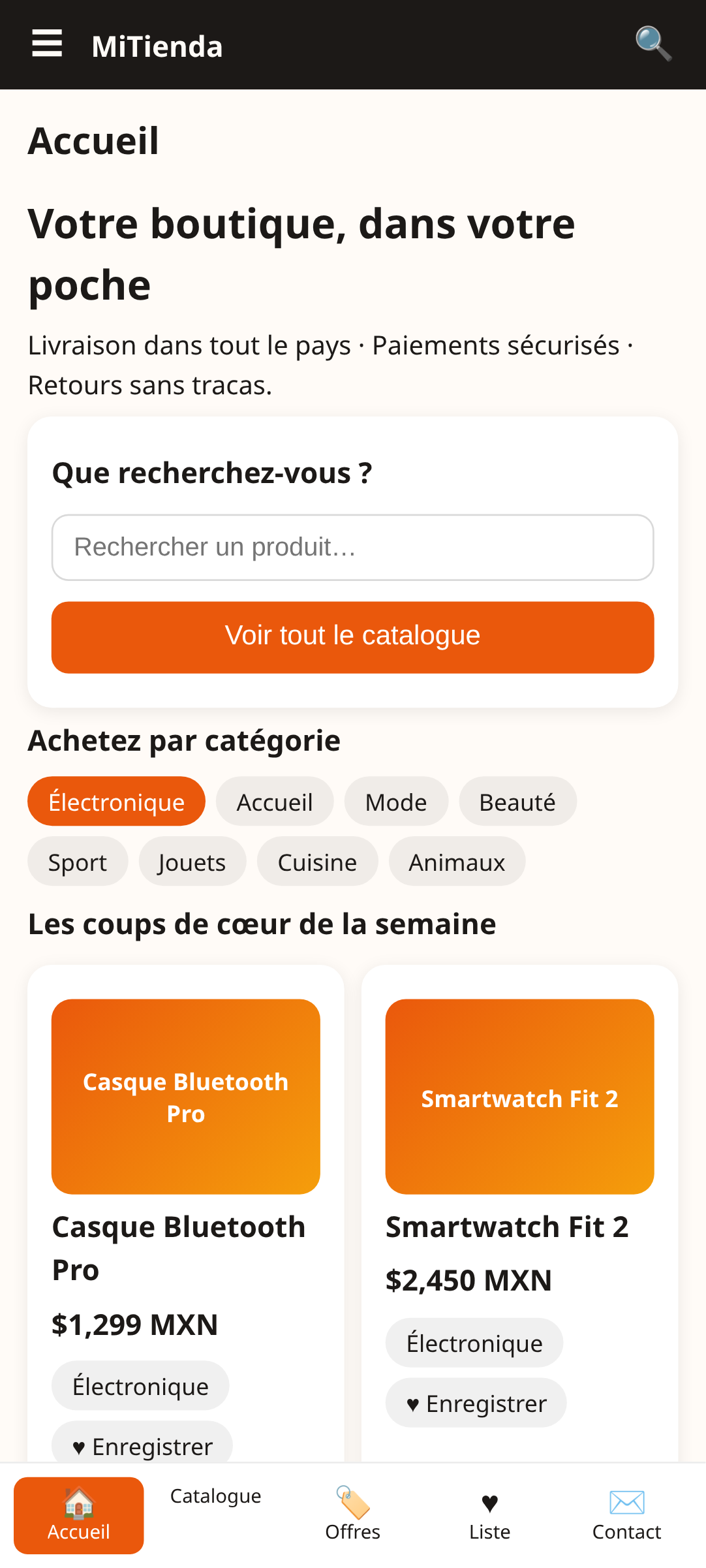 écran d'accueil de MiTienda, un modèle d'application de boutique e-commerce créé avec AppCreator