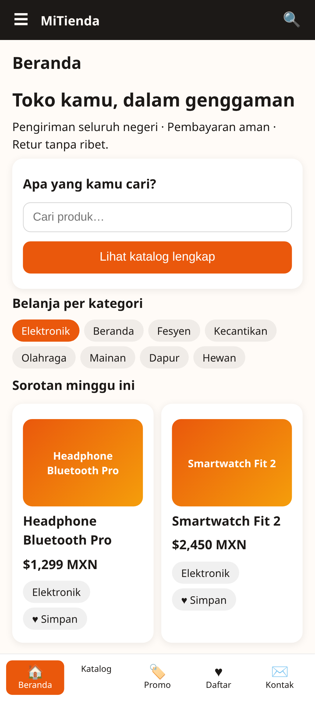 layar beranda MiTienda, template aplikasi toko e-commerce yang dibuat dengan AppCreator