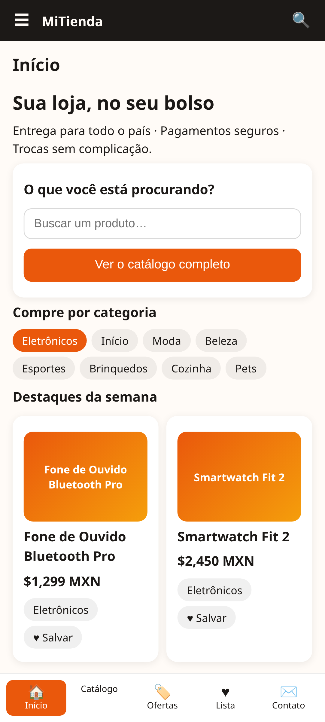 tela inicial do MiTienda, um template de app de loja e-commerce criado com AppCreator