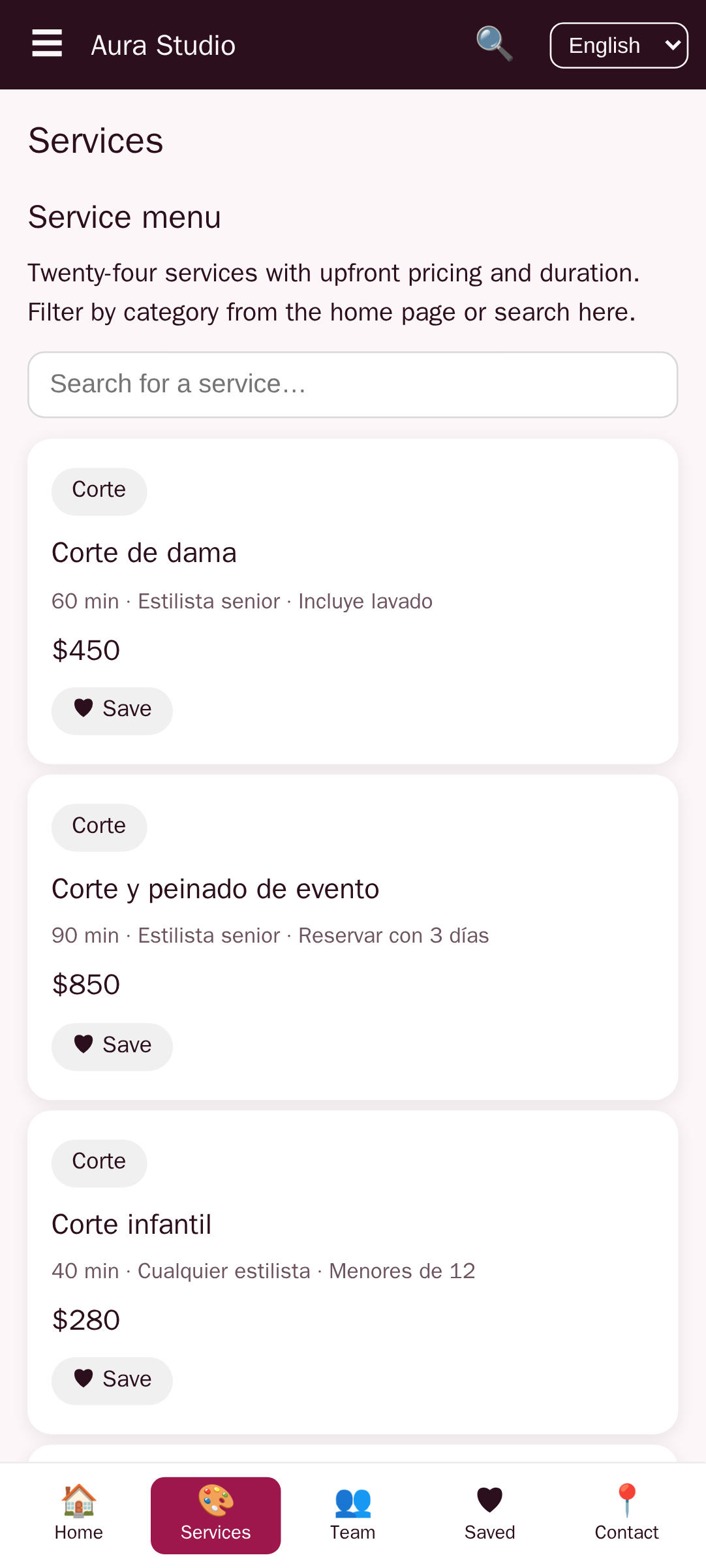 services screen of Aura Studio, a salon and barbershop app template built with AppCreator