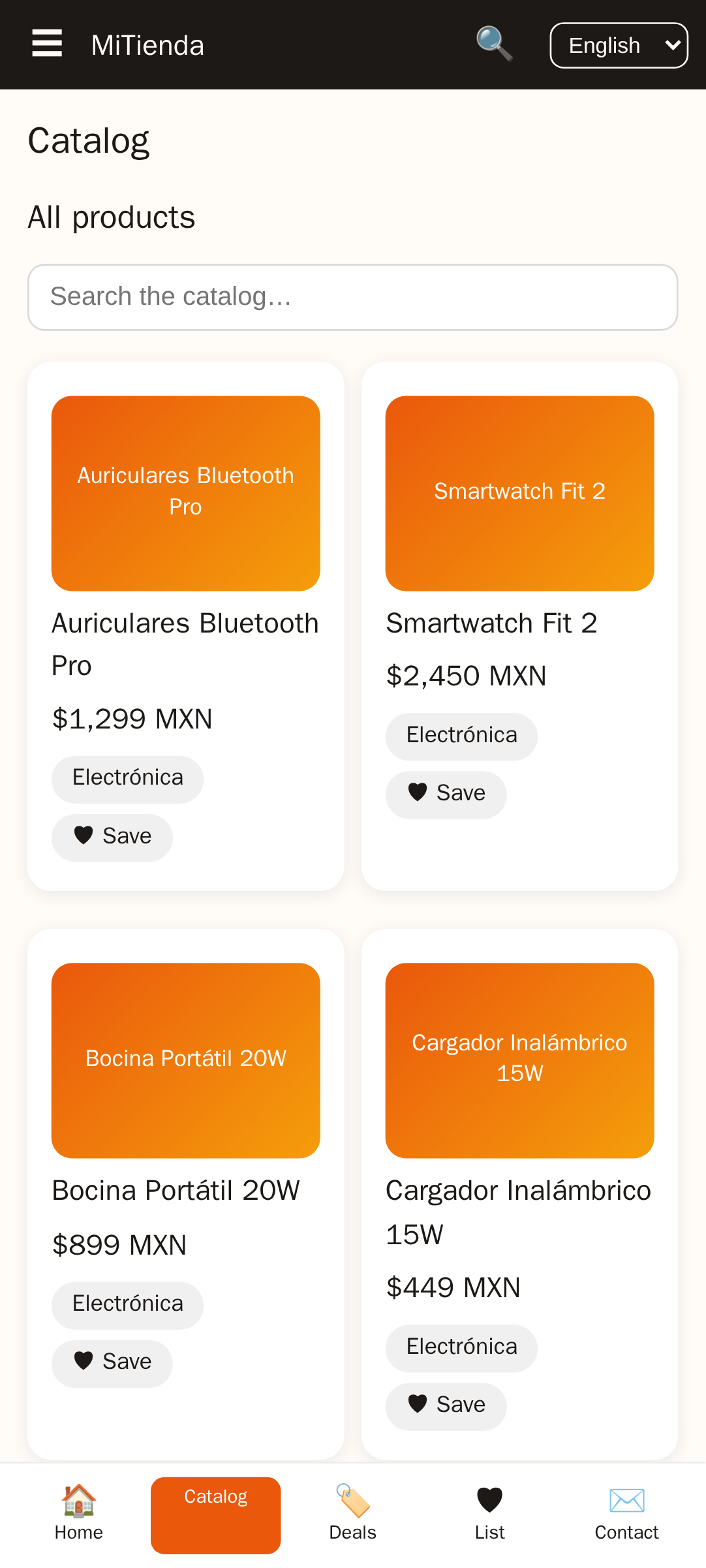catalog screen of MiTienda, a ecommerce store app template built with AppCreator