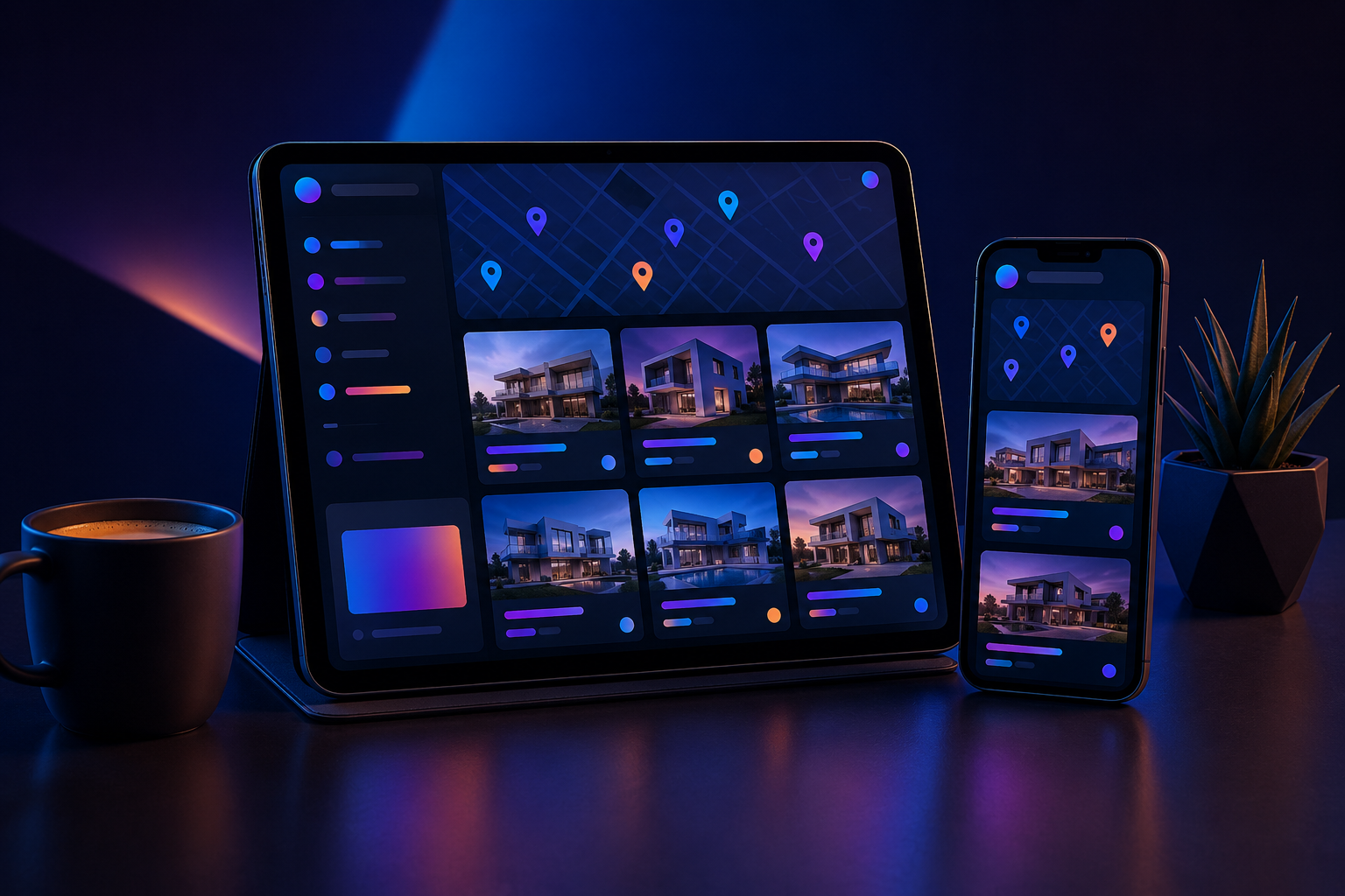 Tablet and phone showing a real estate property listing app