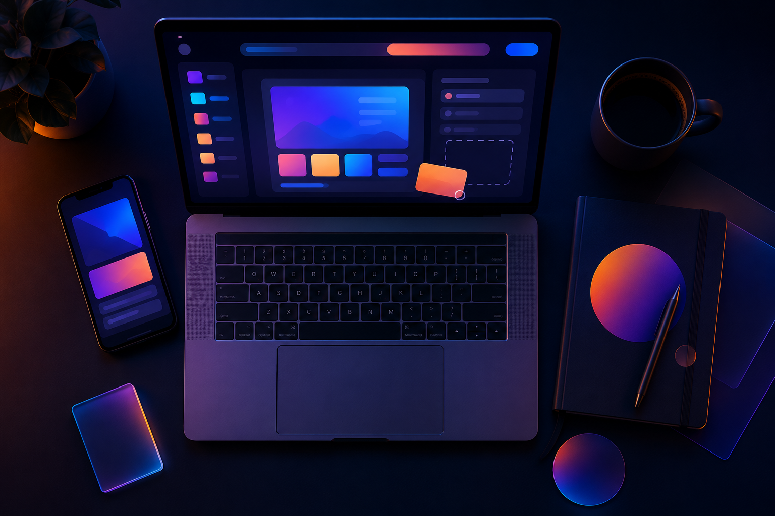 Workspace with laptop showing a no-code app builder interface