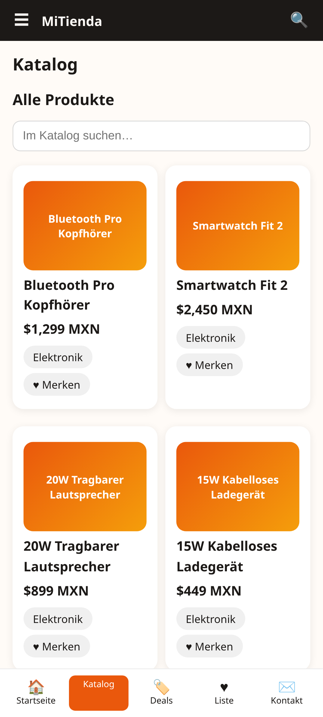 Katalogbildschirm von MiTienda, einer E-Commerce-App-Vorlage, erstellt mit AppCreator