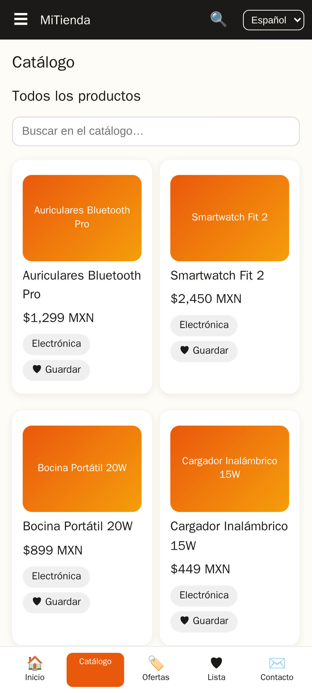pantalla de catálogo de MiTienda, una plantilla de aplicación de tienda de comercio electrónico creada con AppCreator