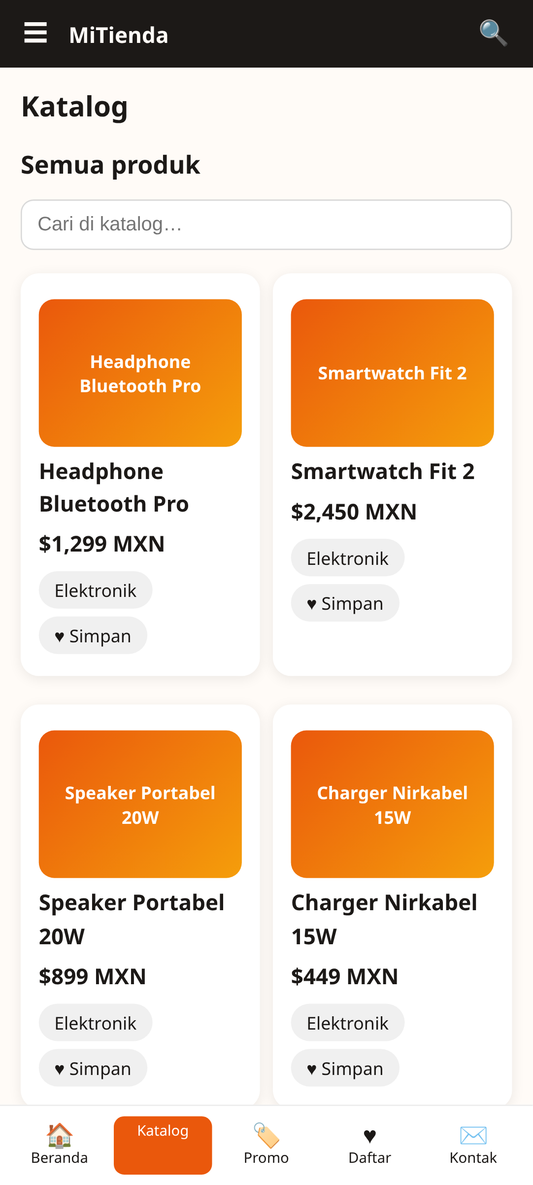 layar katalog MiTienda, template aplikasi toko e-commerce yang dibuat dengan AppCreator