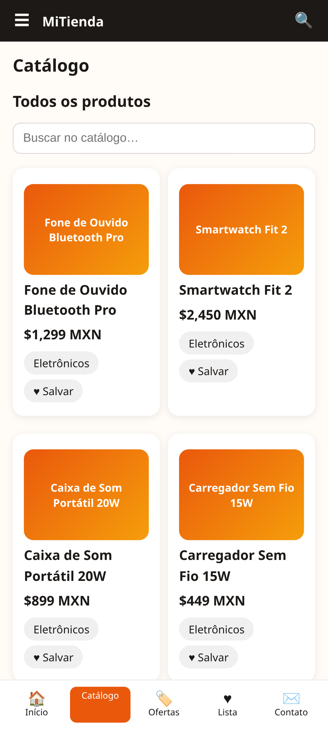 tela de catálogo do MiTienda, um template de app de loja e-commerce criado com AppCreator