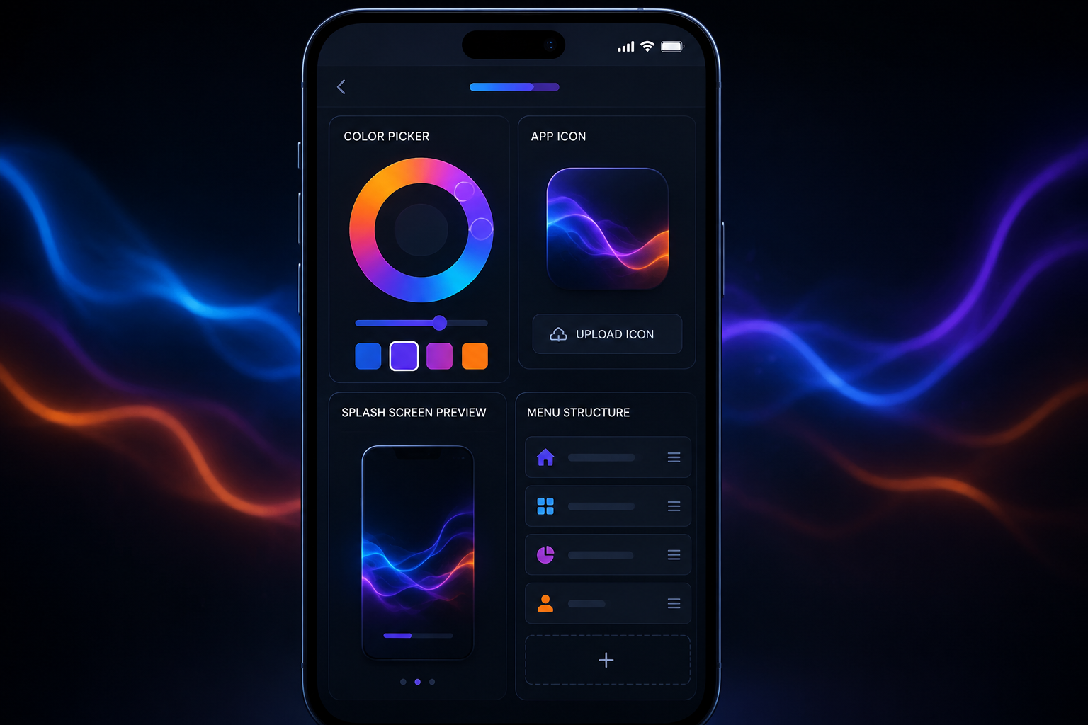 Pantalla de configuración de app con selector de color, carga de ícono y editor de menú