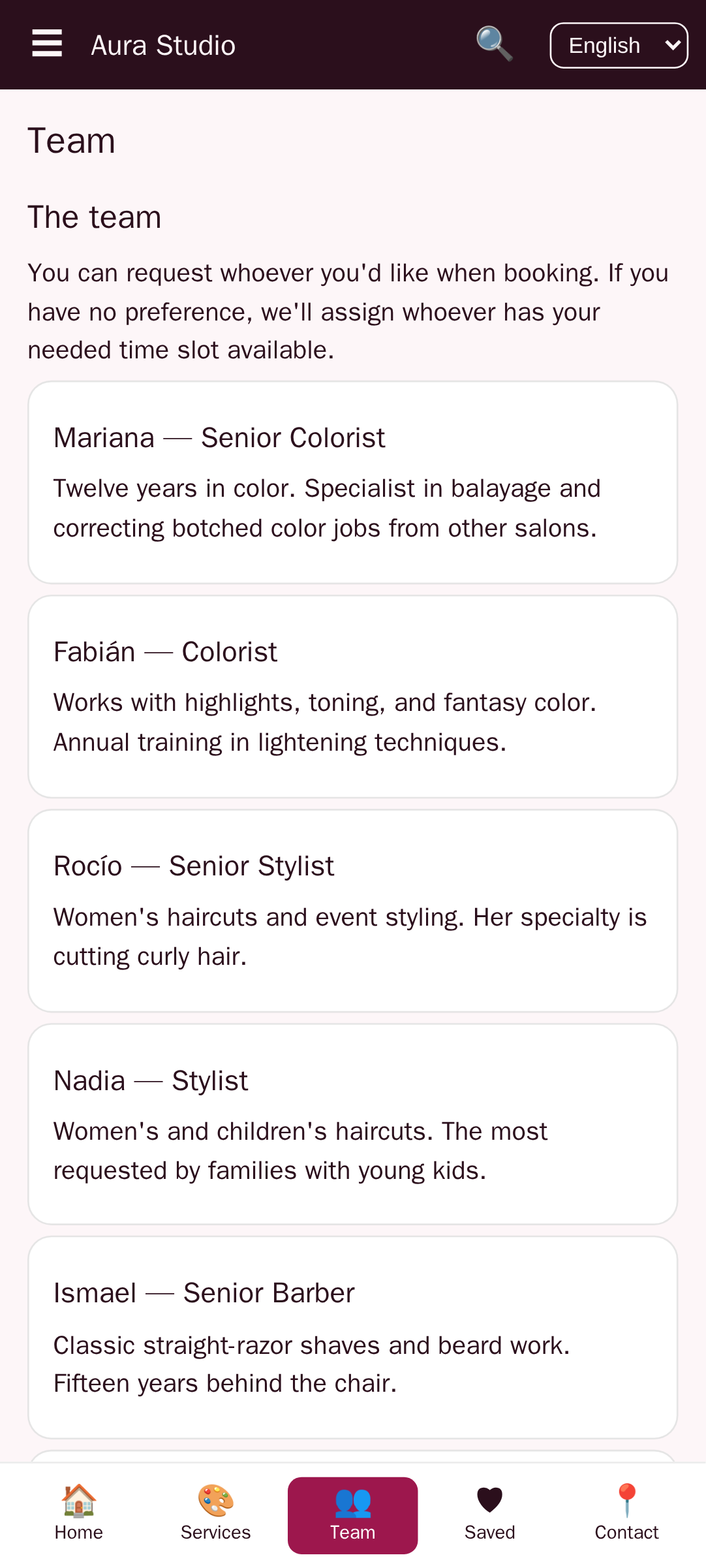 team screen of Aura Studio, a salon and barbershop app template built with AppCreator