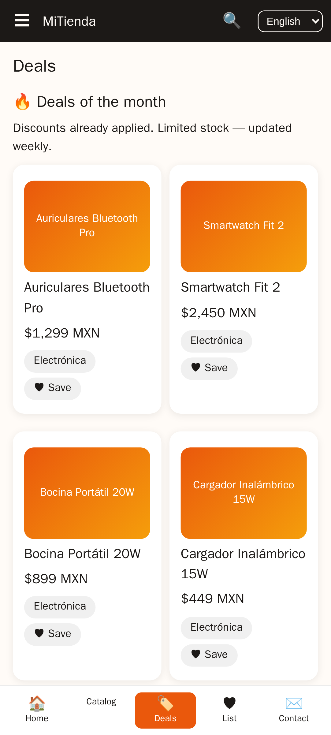 deals screen of MiTienda, a ecommerce store app template built with AppCreator