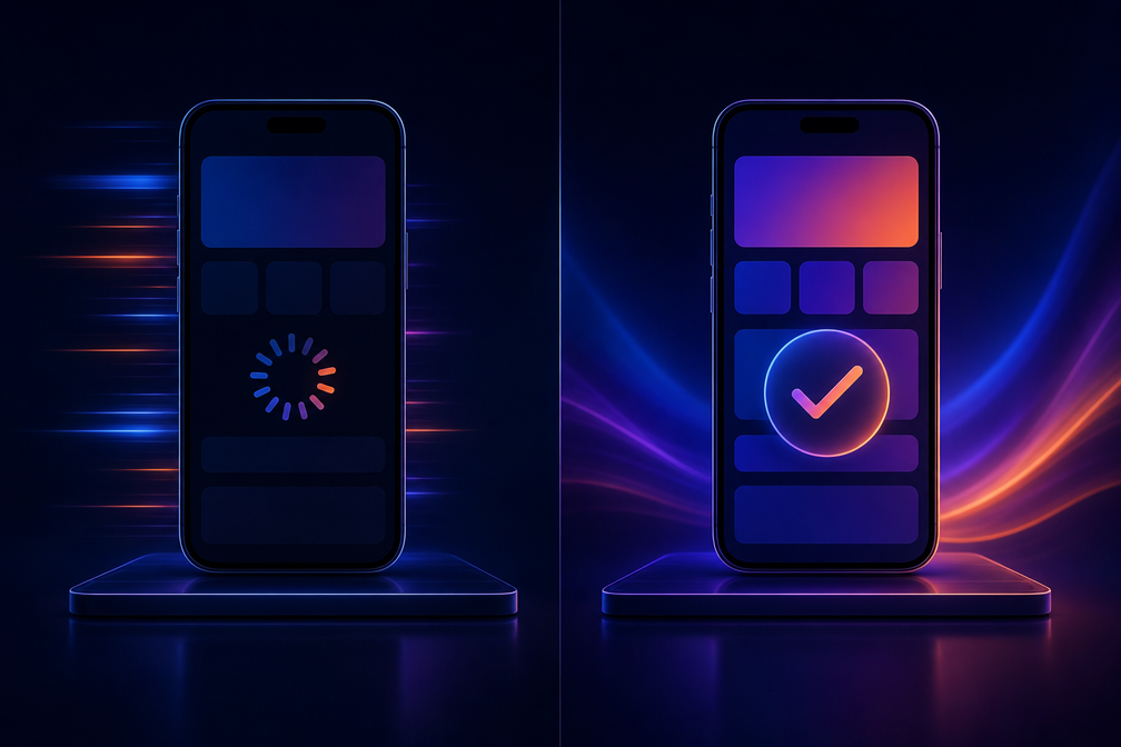 Side-by-side comparison of slow website vs fast PWA on mobile
