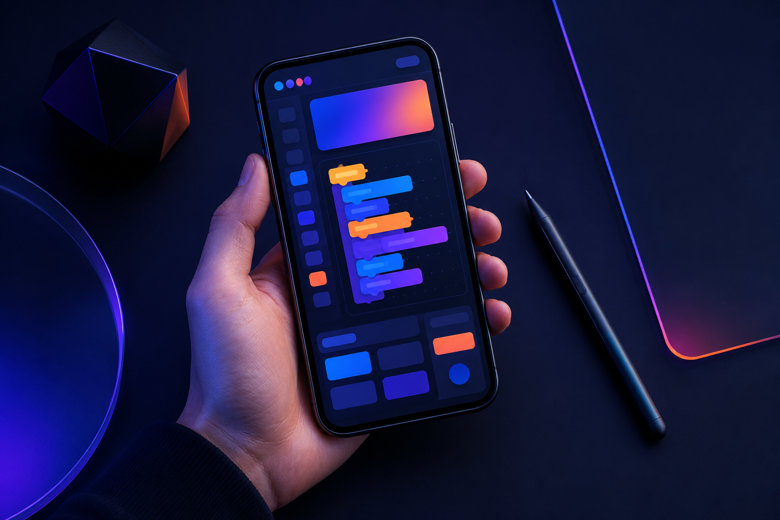 Top-down view of phone showing app builder editor with drag-and-drop blocks