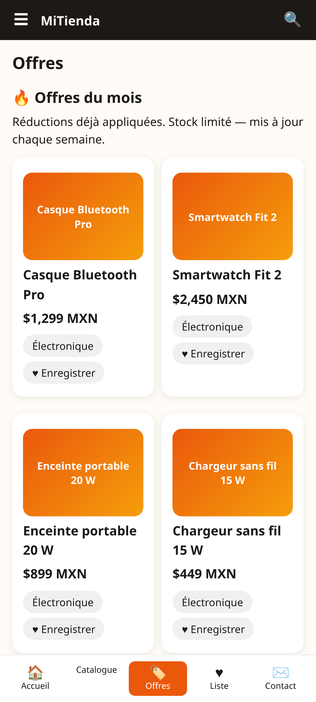 écran des bonnes affaires de MiTienda, un modèle d'application de boutique e-commerce créé avec AppCreator