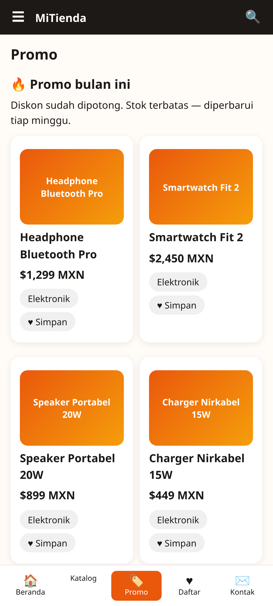 layar penawaran MiTienda, template aplikasi toko e-commerce yang dibuat dengan AppCreator