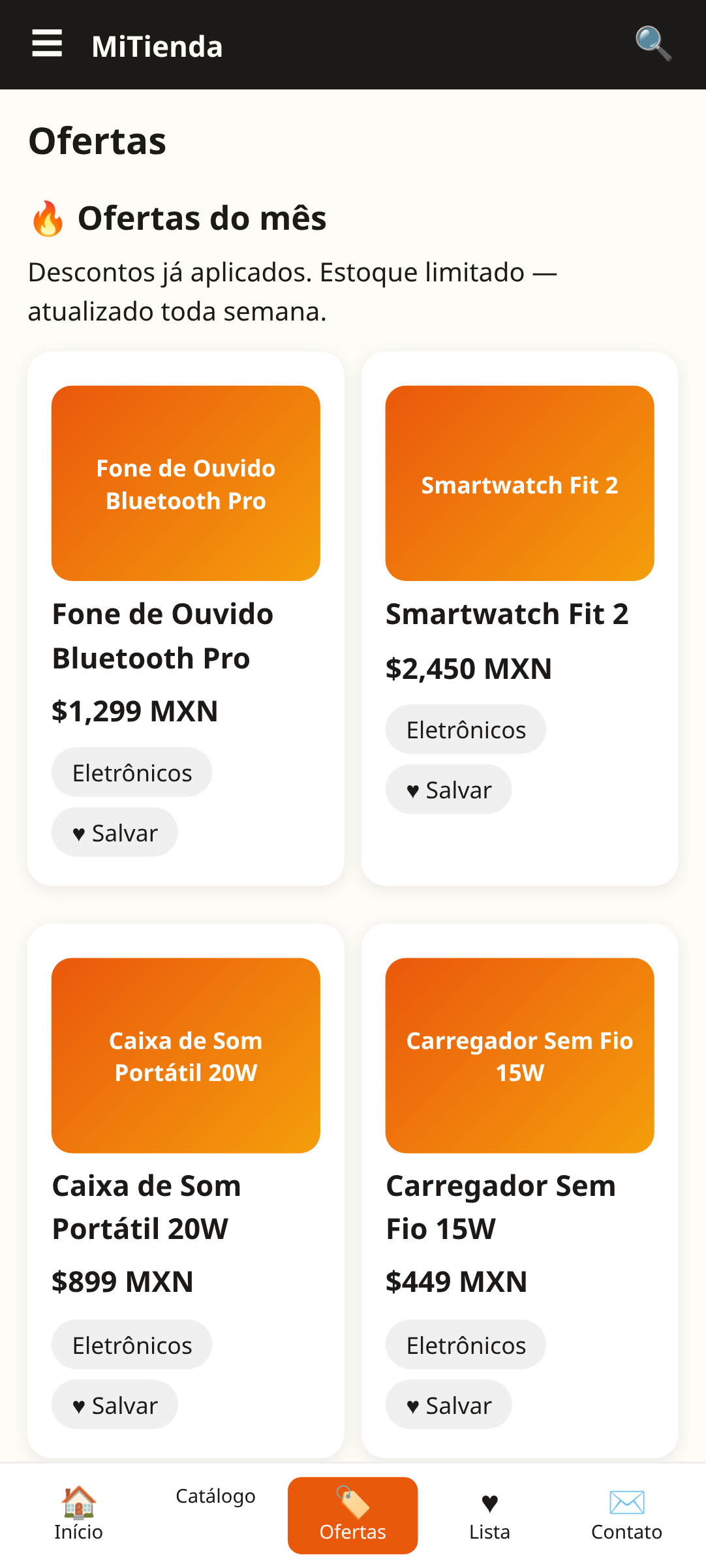 tela de ofertas do MiTienda, um template de app de loja e-commerce criado com AppCreator
