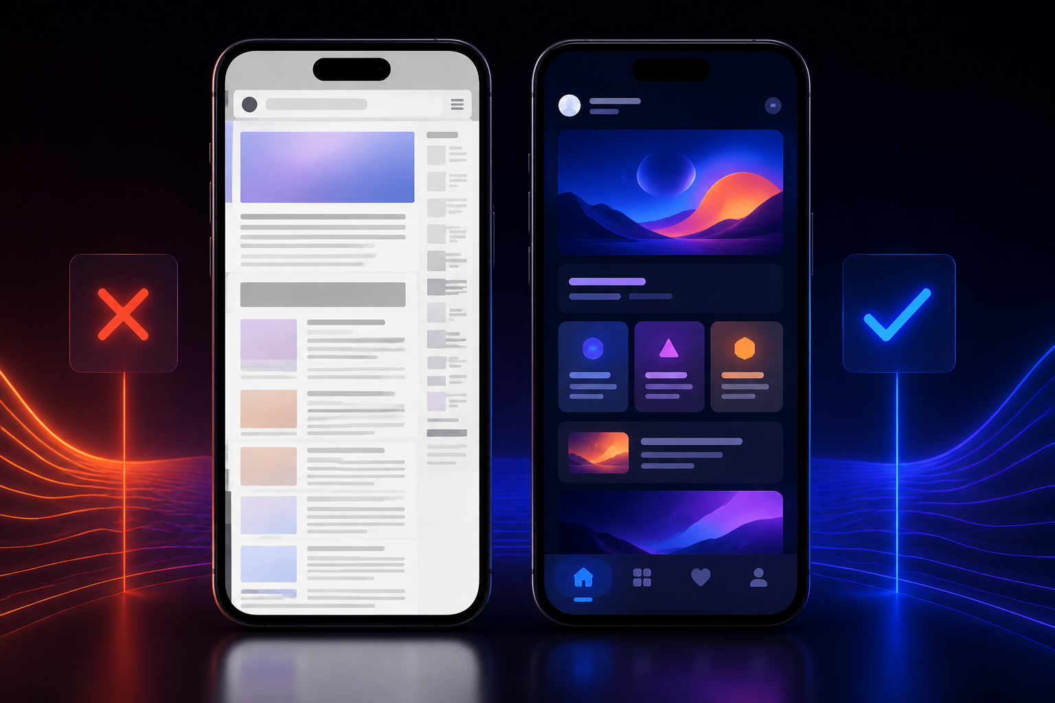 Comparación lado a lado del sitio web en navegador vs formato app mostrando mejor UX móvil