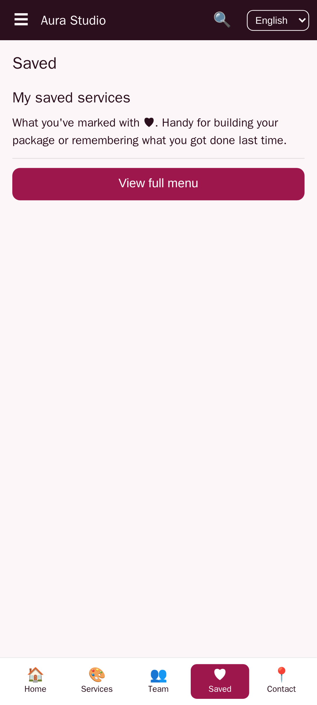 saved screen of Aura Studio, a salon and barbershop app template built with AppCreator