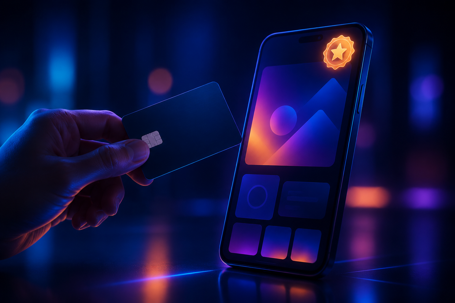 Hand with credit card near smartphone showing a featured real estate listing