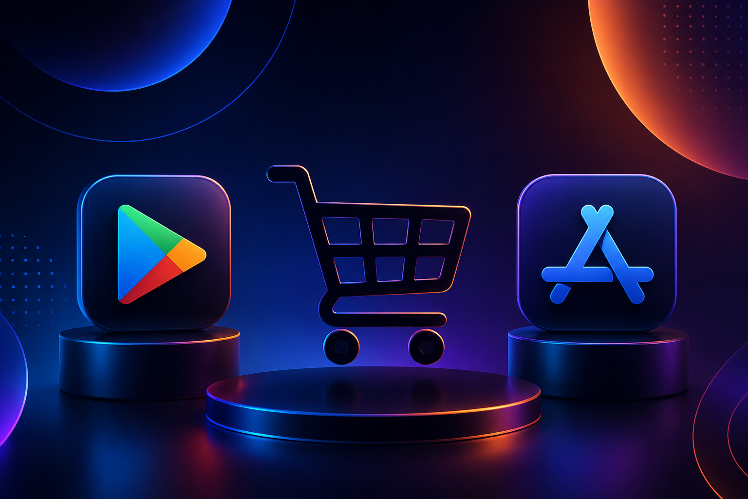 Abstract representation of Google Play and Apple App Store icons with a shopping cart