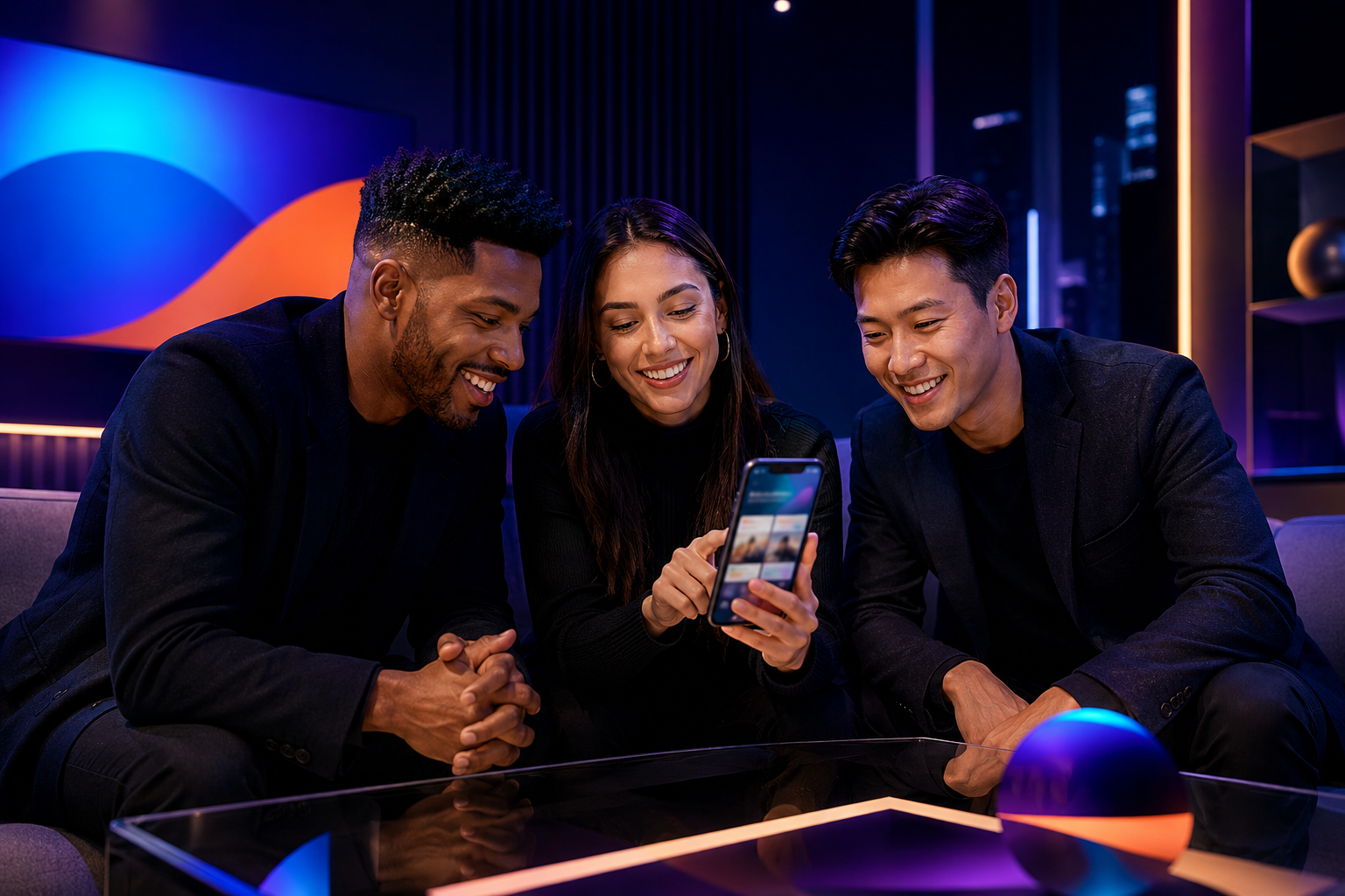 Group of people viewing a real estate app on a smartphone