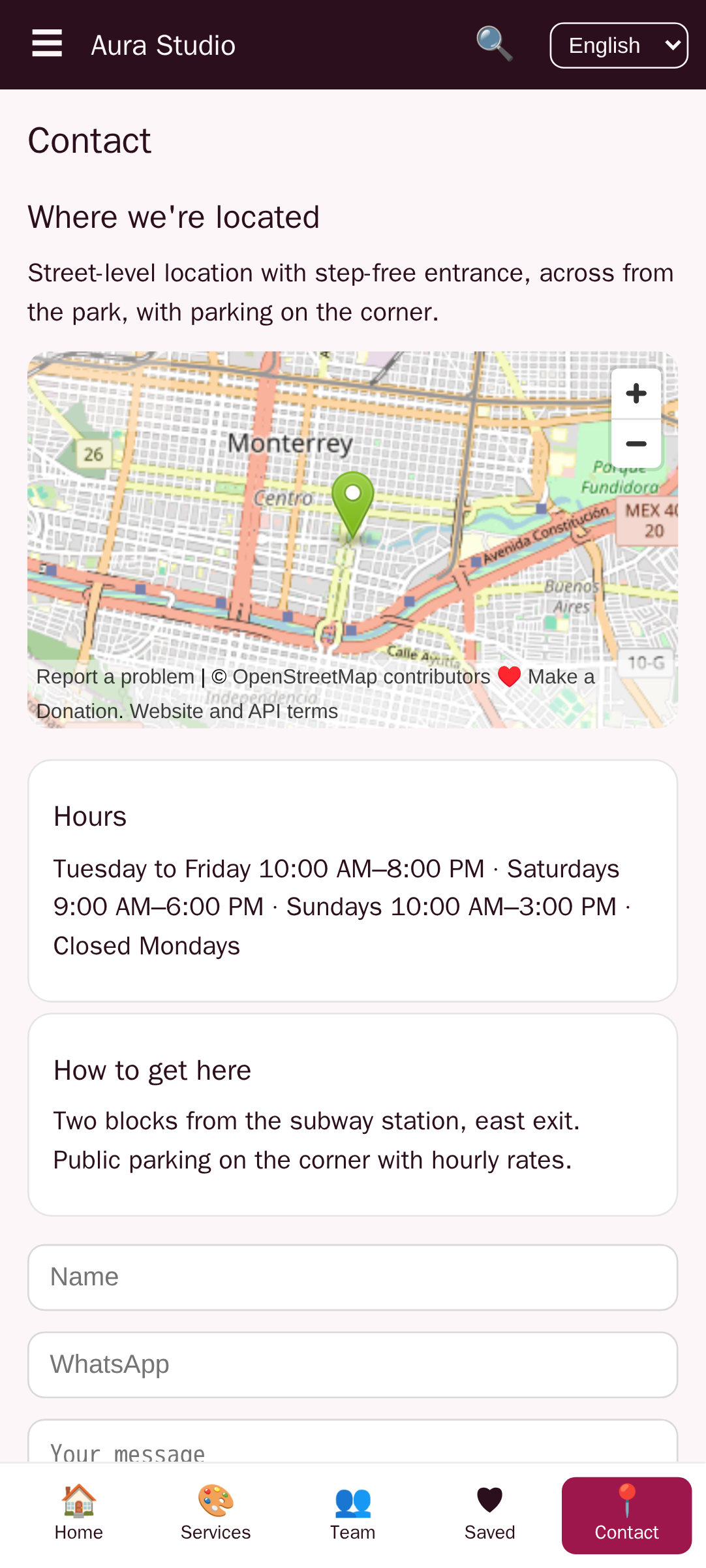 contact screen of Aura Studio, a salon and barbershop app template built with AppCreator