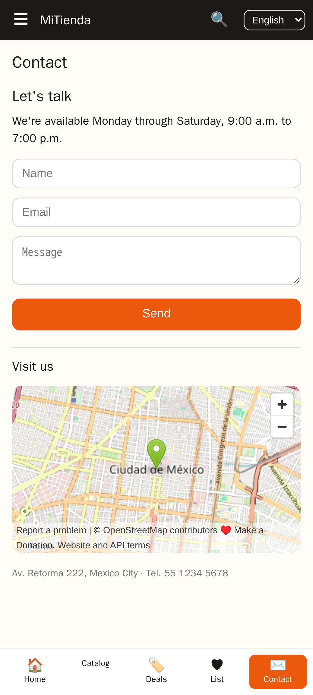 contact screen of MiTienda, a ecommerce store app template built with AppCreator