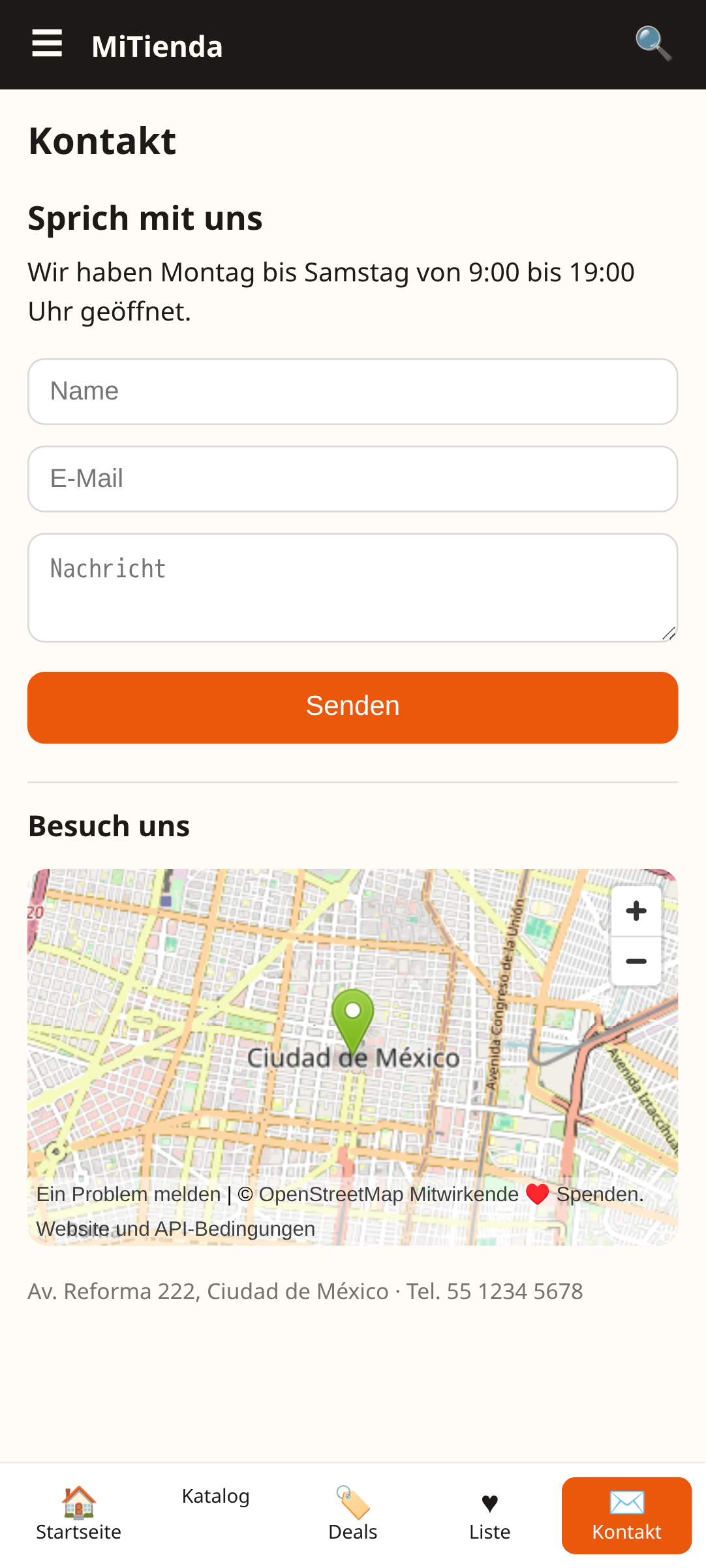 Kontaktbildschirm von MiTienda, einer E-Commerce-App-Vorlage, erstellt mit AppCreator
