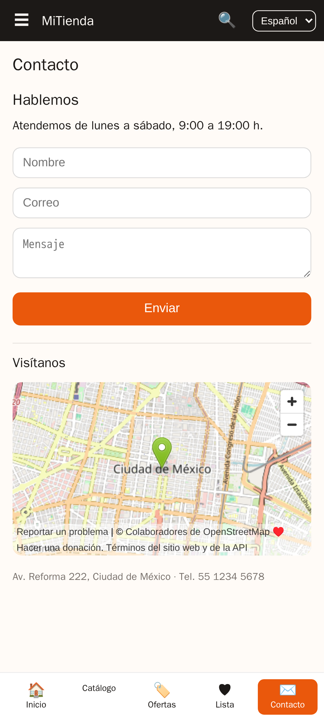 pantalla de contacto de MiTienda, una plantilla de aplicación de tienda de comercio electrónico creada con AppCreator