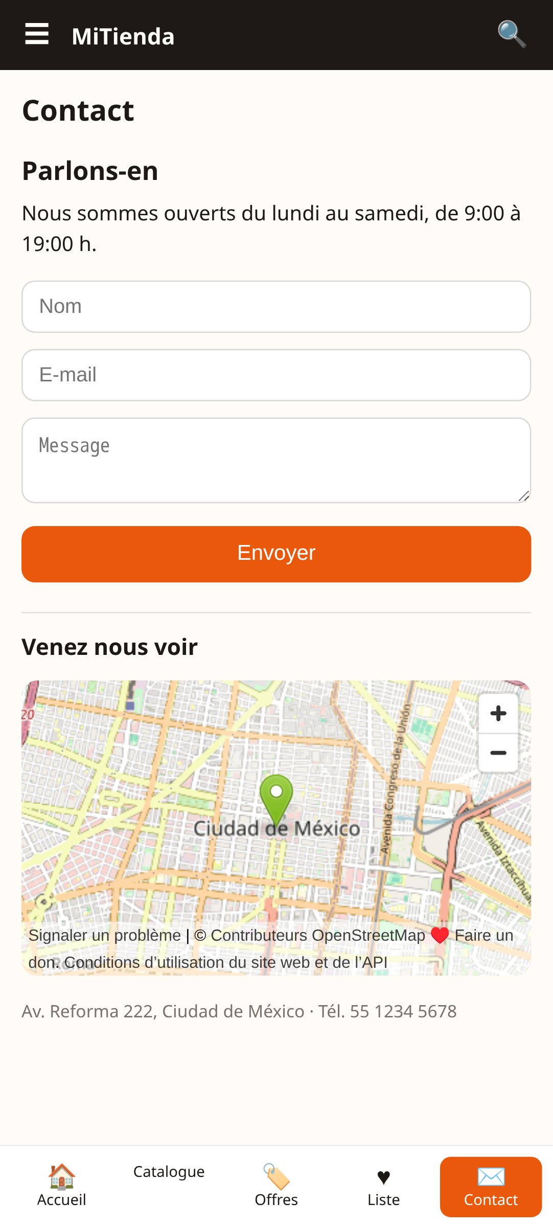 écran contact de MiTienda, un modèle d'application de boutique e-commerce créé avec AppCreator