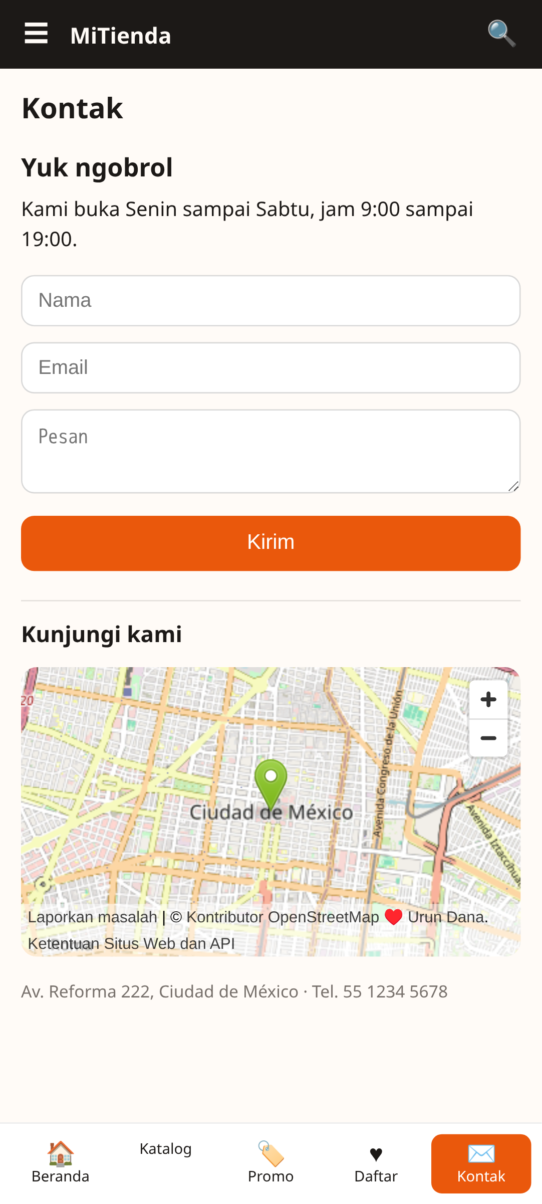 layar kontak MiTienda, template aplikasi toko e-commerce yang dibuat dengan AppCreator