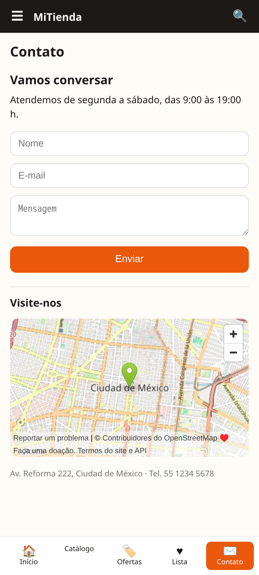 tela de contato do MiTienda, um template de app de loja e-commerce criado com AppCreator